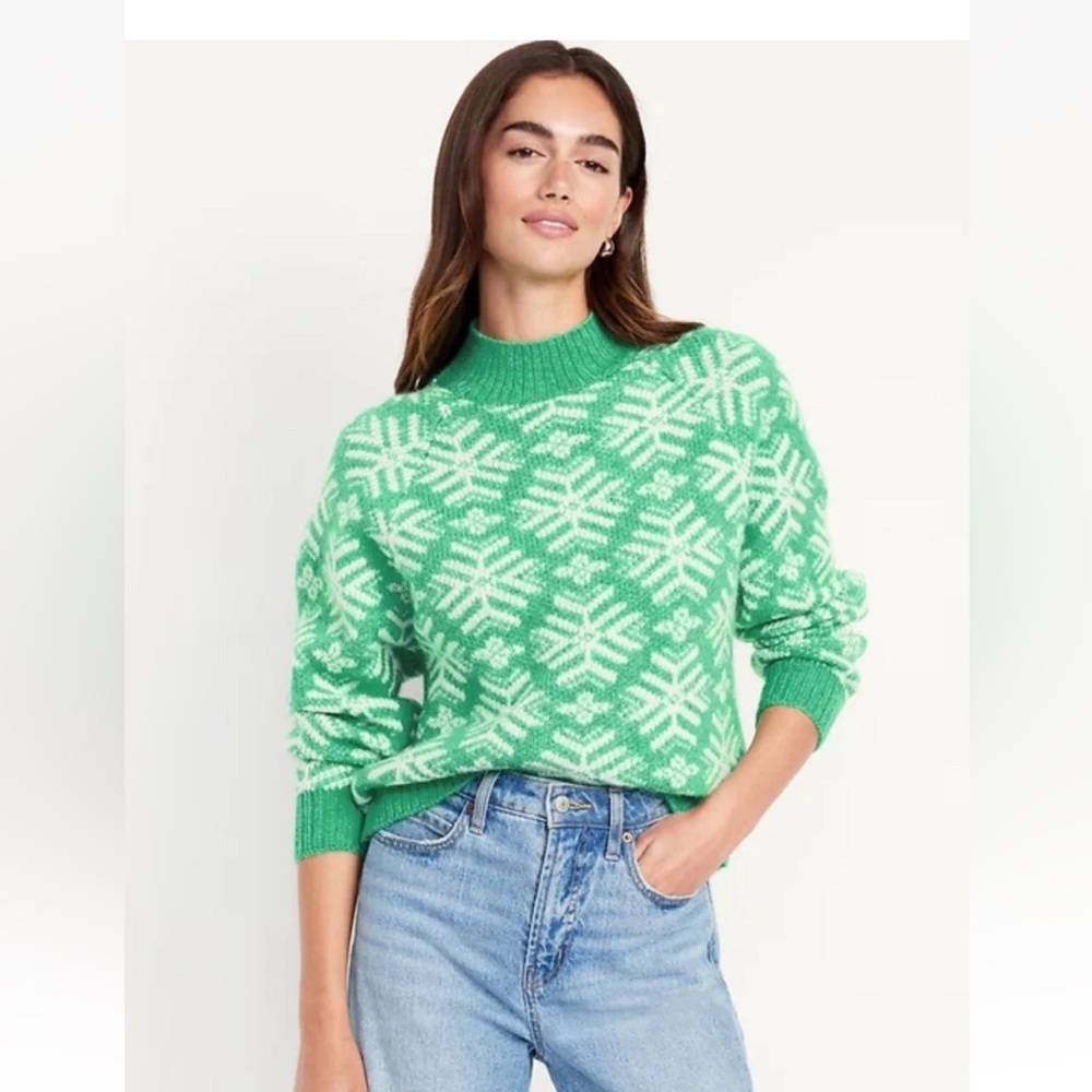 Old Navy Women's Green Snowflake Fair Isle Knit Sweater Sz L Holiday - Picture 2 of 10